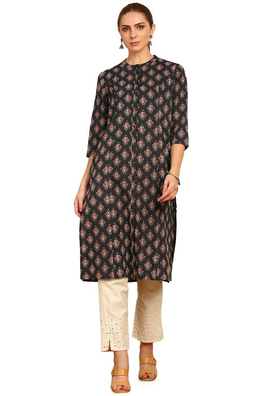 Soch Womens Black Ethnic Motif Printed Cotton Kurta with Mandarin Collar