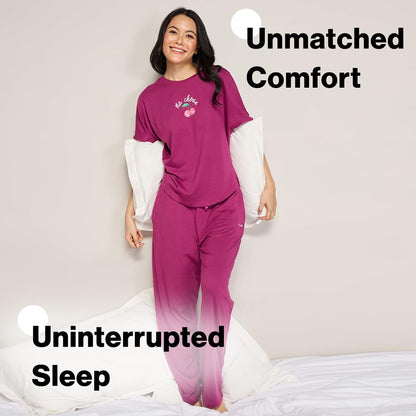 NYKD (NYS932 Soft Modal Cotton Coords Night Suit for Women | Relaxed Fit Round Neck T-Shirt with Extended Shoulder Sleeves, Pyja