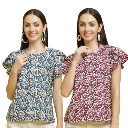 Pinkmint Combo Tops for Women Stylish Ruffle Trim Petal Sleeve Tops (Pack of 2)