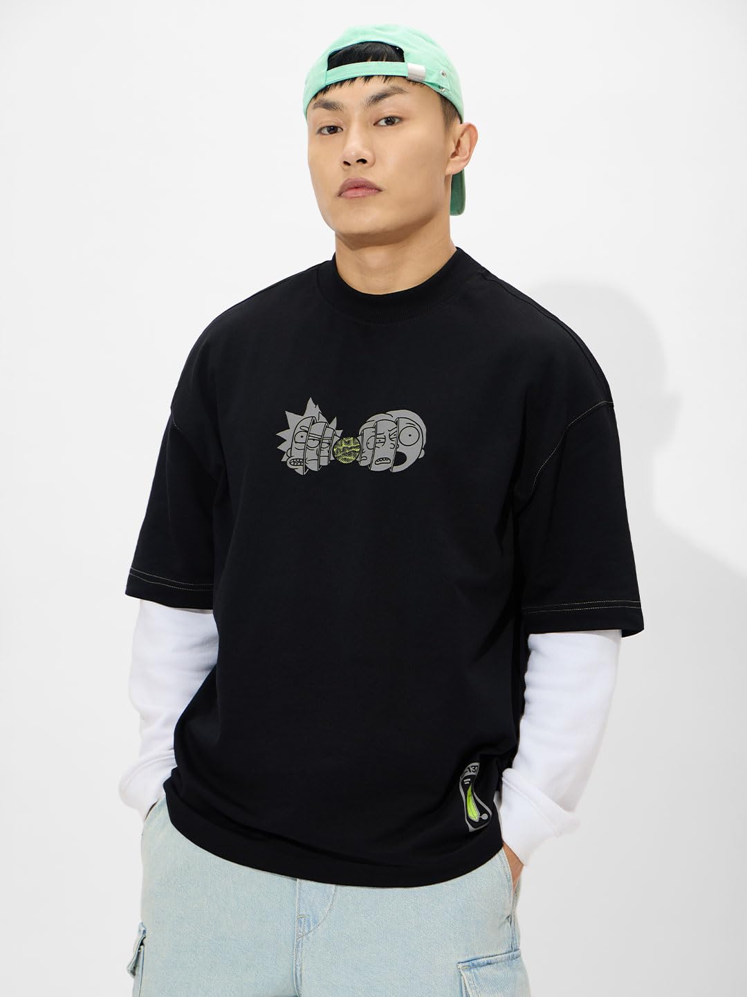 The Souled Store Rick & Morty: Existential Crisis Men and Boys Short Sleeves Round Neck Black Graphic Printed Cotton Super Overs