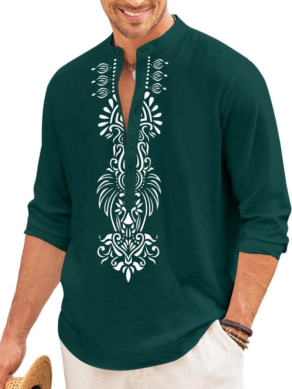 Finivo Fashion MenS Cotton Blend Short Kurta With Bold Printed Front Design | Full Sleeve Ethnic Casual Kurta With Mandarin Coll