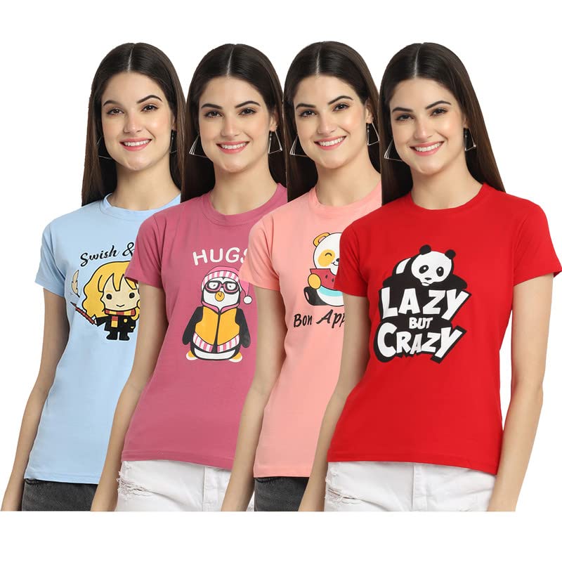 Preneum Womens Cotton Regular Fit Latest Graphic Stylish Printed Short Sleeves Casual T-Shirt || Trendy & Latest Style (Pack 4)