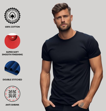 ADRO Mens Solid Regular Fit T-Shirt (RCM2-PLN-BL-BL_Black