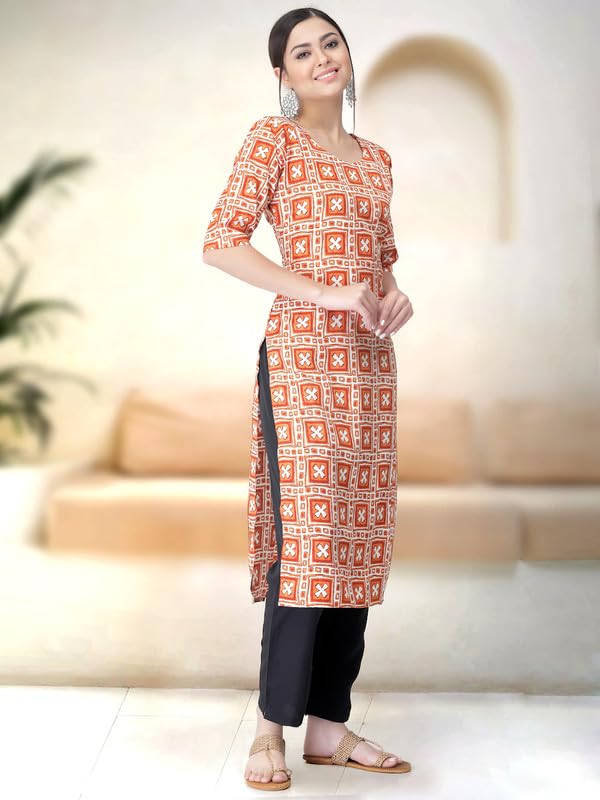Pinkmint Kurta Set For Women Rayon Printed Stylish Neck Kurti With Pant Set (Pack Of 2) Orange-Black