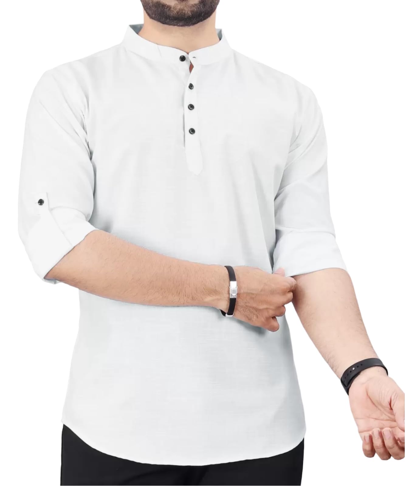 Deemoon MenS Cotton Blend Full Sleeve Short Kurta With Mandarin Collar Crafted From A Premium Cotton Blend White