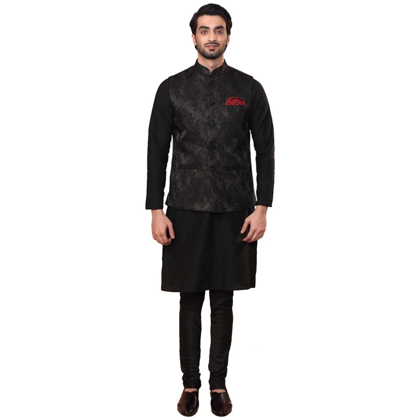 Kisah Men Kurta Jacket Set Blended Fabric, Rose Print, Full Sleaves, Knee Length, Straight, Regular Fit, Mandarin Collar Ethnic