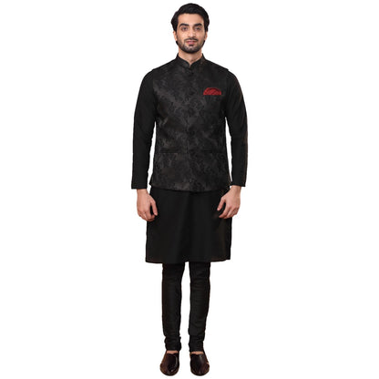 Kisah Men Kurta Jacket Set Blended Fabric, Rose Print, Full Sleaves, Knee Length, Straight, Regular Fit, Mandarin Collar Ethnic