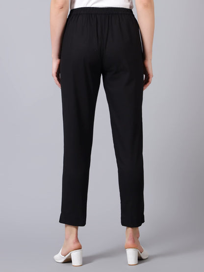 Idalia Black Solid Cotton Trouser For Women Formal Trousers With 2 Pocket Fusion Wear Trouser Pants For Ladies