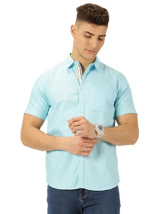 Thomas Scott Spread Collar Slim Fit Solid 100% Cotton Half Sleeve Shirt for Mens Aqua