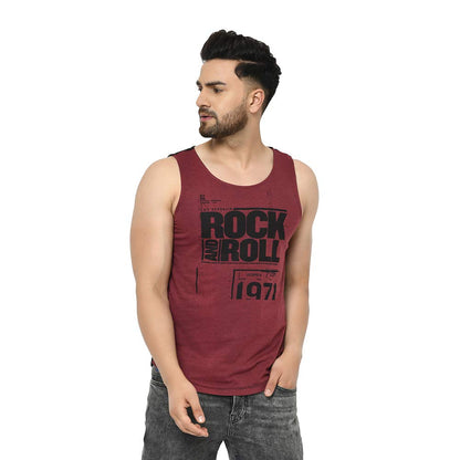 Rigo Men Maroon Black Placement Print with Curved Bottom Cotton Sleeveless T-Shirt Vest | Round Neck Sleeveless Vest