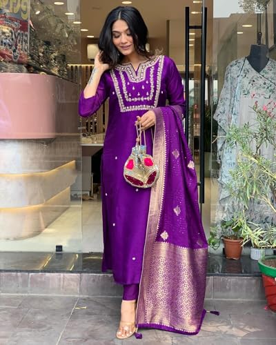 ANNI DESIGNER Women's Cotton Blend Straight Embroidered Kurta with Pant & Dupatta (MANUSHI BEGANI_S_Begani_Small)