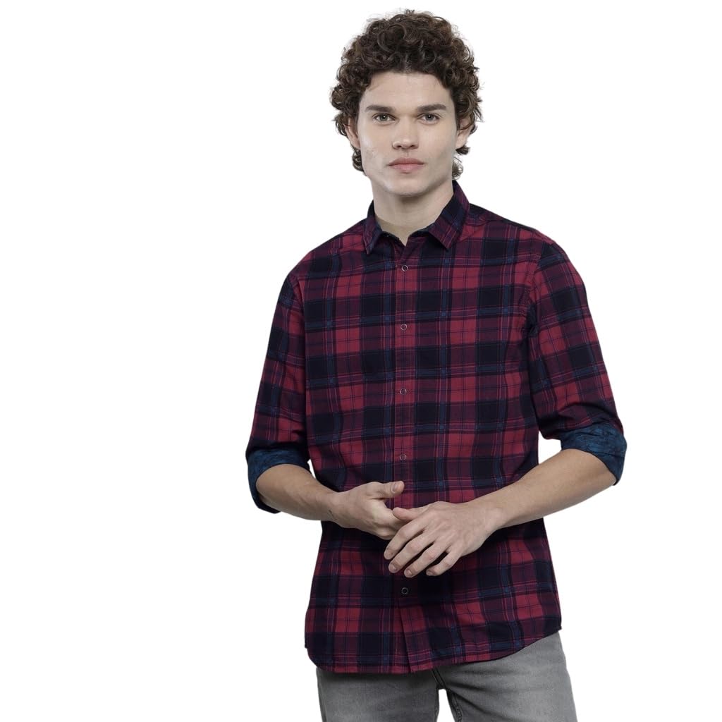 The Indian Garage Co Pink Regular Fit Spread Collar Checkered Long Sleeves Shirt