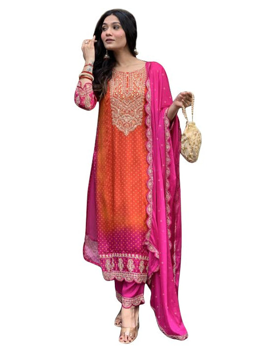 Toochki Dress for Women | A Line Maxi Dresses | Three Piece | Embroidered Flared | Chinon Bandhani Printed | with Pant and Dupatta | Long | Orange