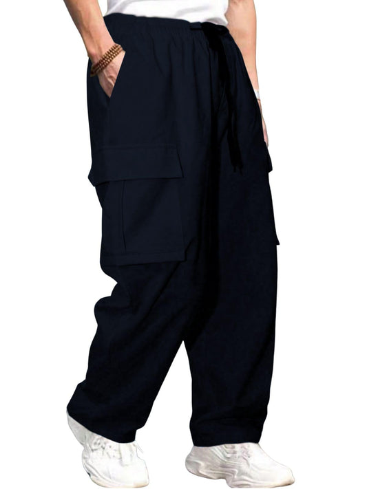 Greciilooks MenS Regular Fit Low Rise Polyester Cargos | Cargo Track Pant | Loose Fit | Regular Trouser Blue