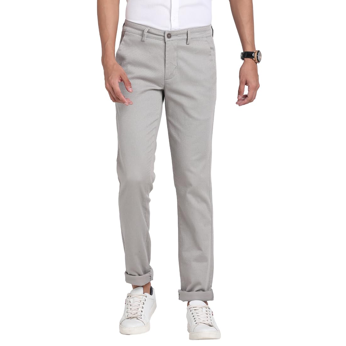 Turtle Men Cotton Stretch Dobby Print Ultra Slim Fit Grey Melange Casual Trouser