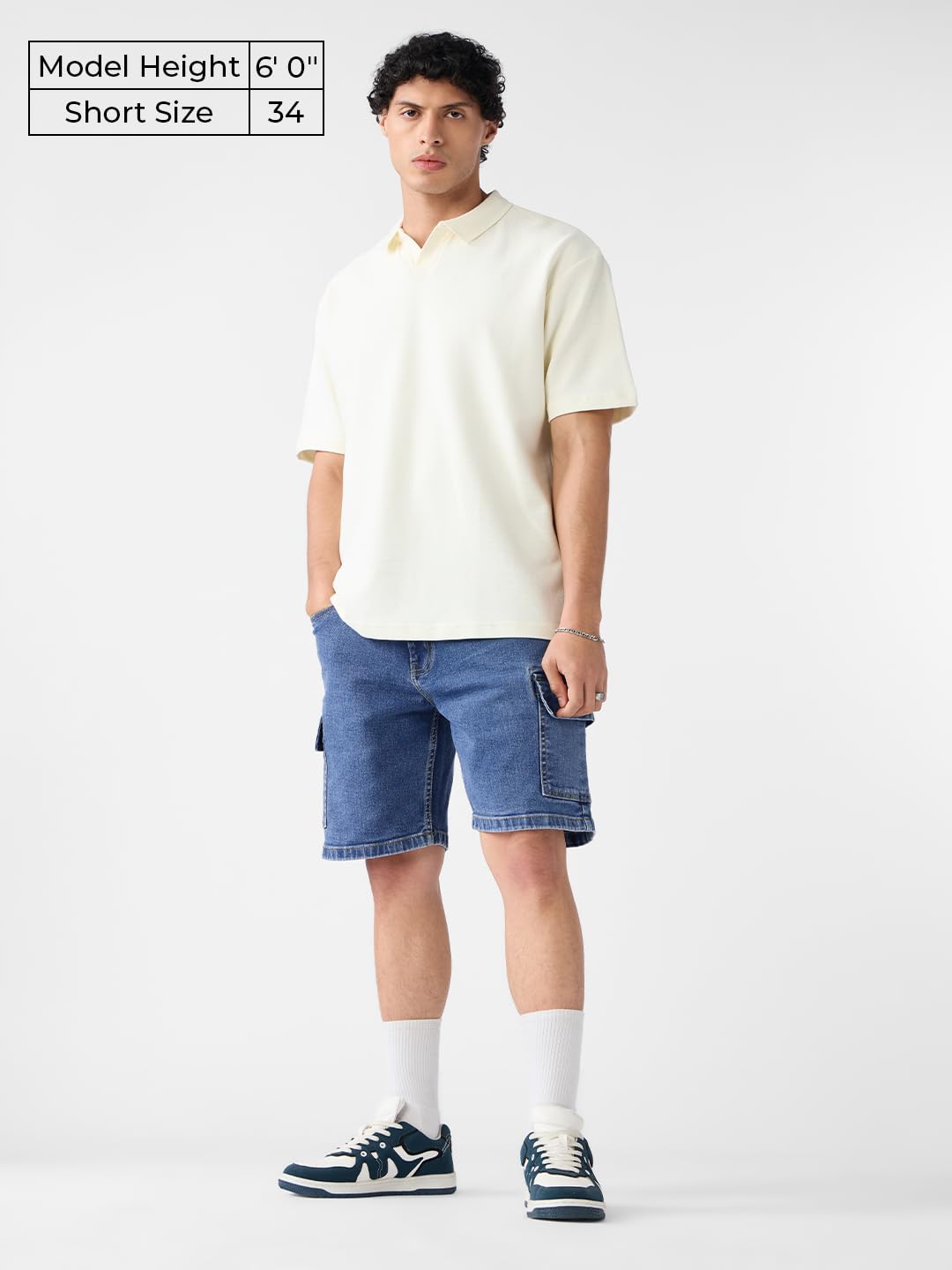 The Souled Store Baggy Cargo: Glacier Men and Boys Buttoned Knee Length Cotton Blend Baggy Fit Denim Shorts