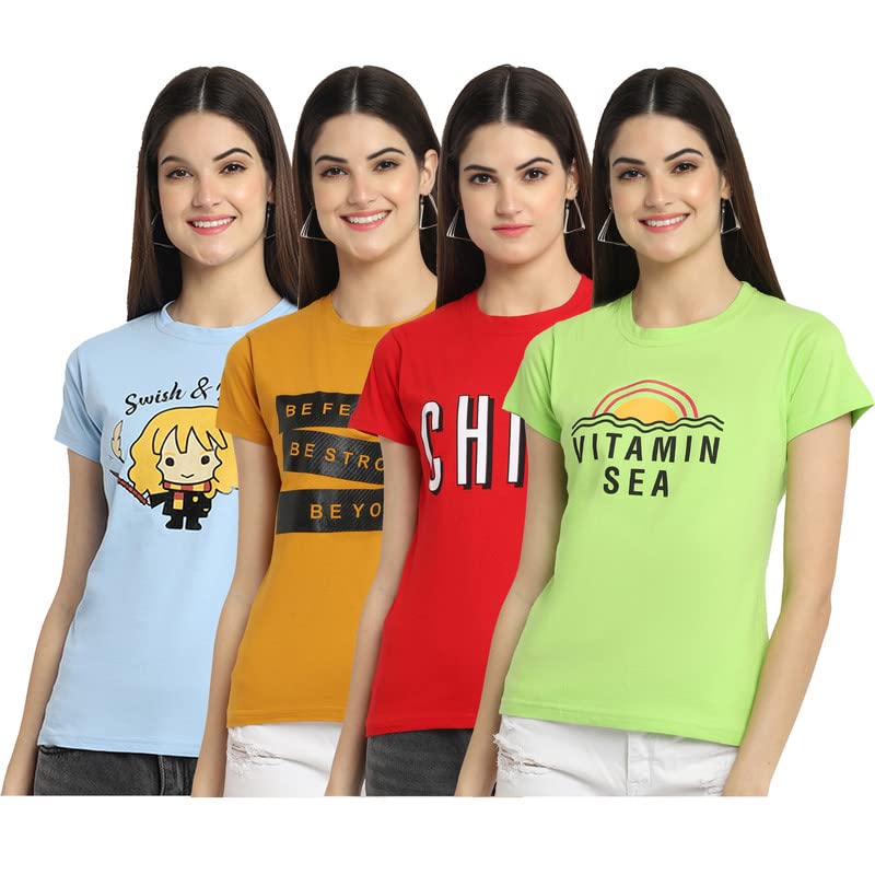 Preneum Womens Cotton Regular Fit Latest Graphic Stylish Printed Short Sleeves Casual T-Shirt || Trendy & Latest Style (Pack 4)
