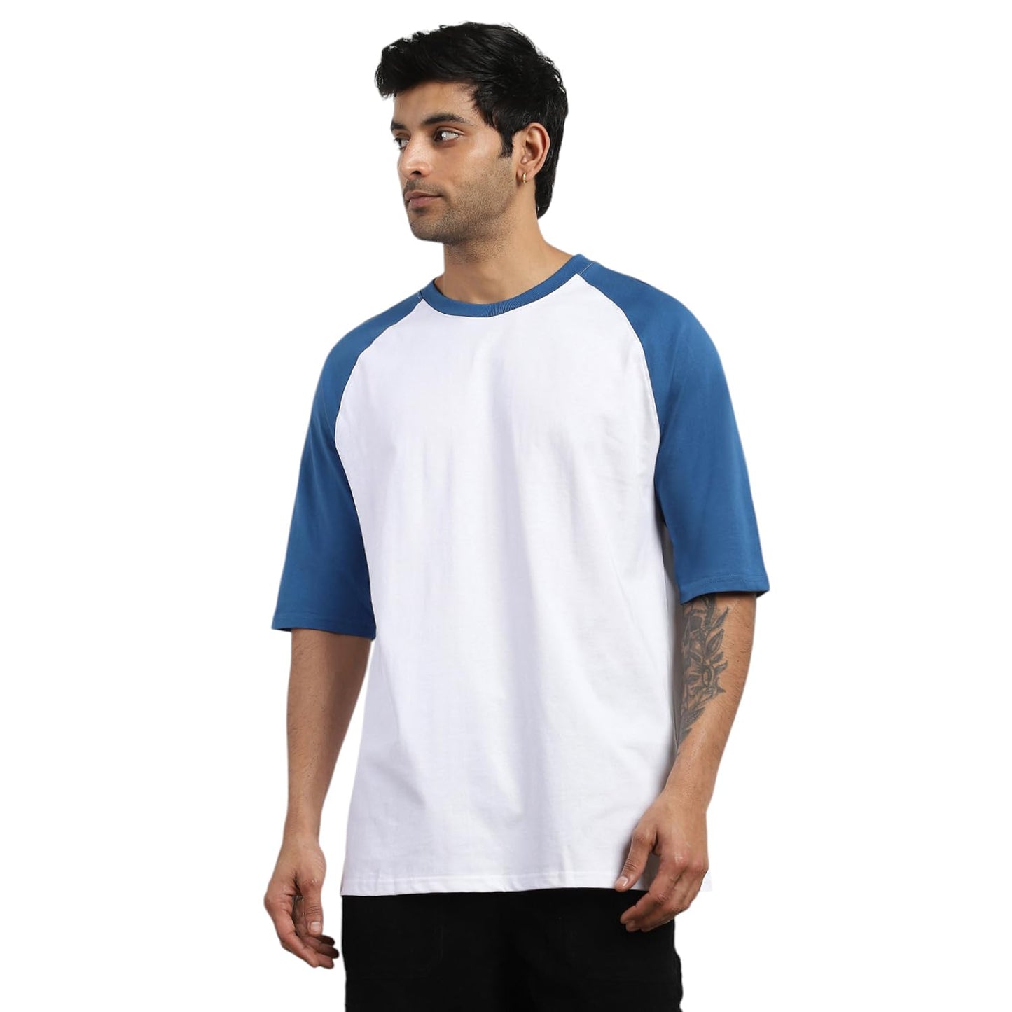 Nobero MenS Colorblock Oversized Fit T-Shirt (1M-Twts-R0103-Bl_White-Blue