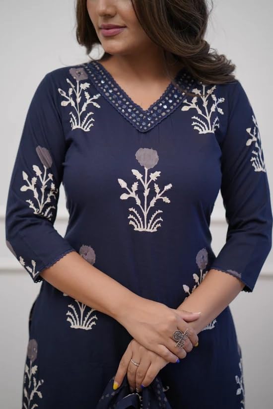 Nermosa Women Printed Straight Kurta And Pant Set With Dupatta | Suit | (In, Alpha, L, Blue)