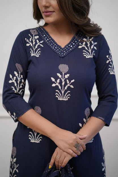 Nermosa Women Printed Straight Kurta And Pant Set With Dupatta | Suit | (In, Alpha, L, Blue)