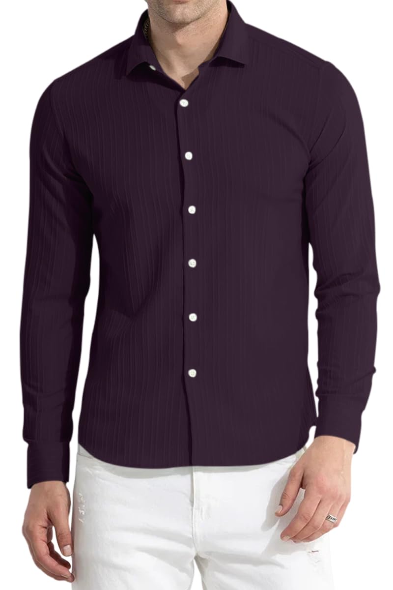 Finivo Fashion MenS Cotton Casual Plain Button Down Shirts Long Sleeve Textured Summer Beach Shirt For Men Purple
