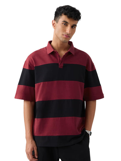 The Souled Store Colourblock: Red Flame Men and Boys Short Sleeves Collared Neck Cotton Oversized Polos