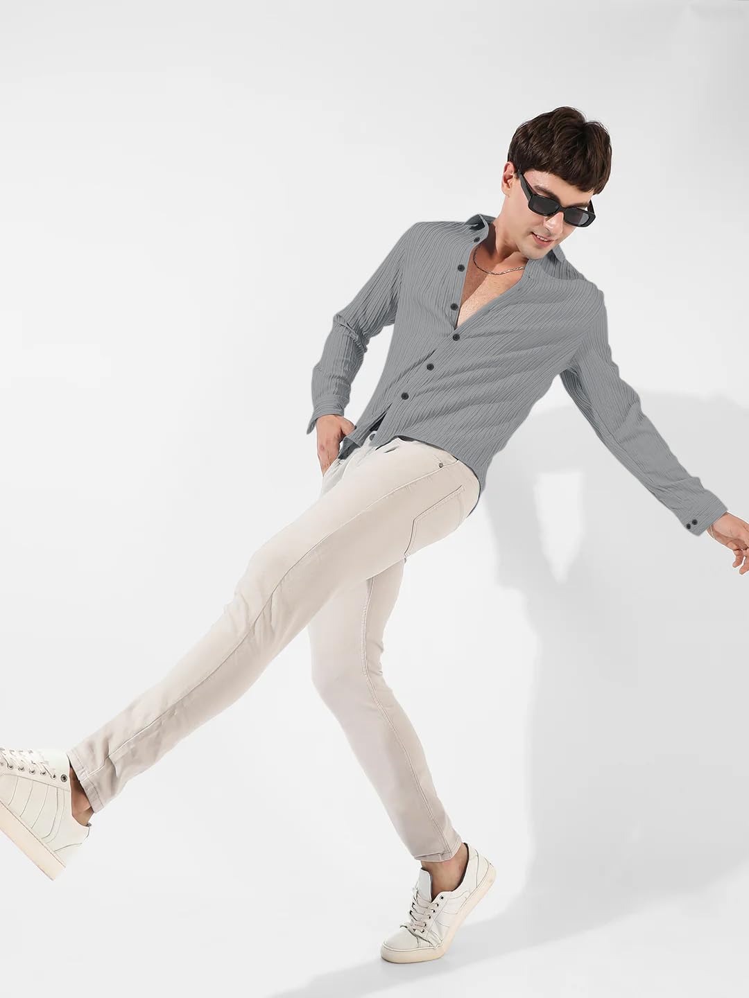 Finivo Fashion MenS Cotton Casual Striped Button Down Shirts Long Sleeve Textured Summer Beach Shirt For Men Grey