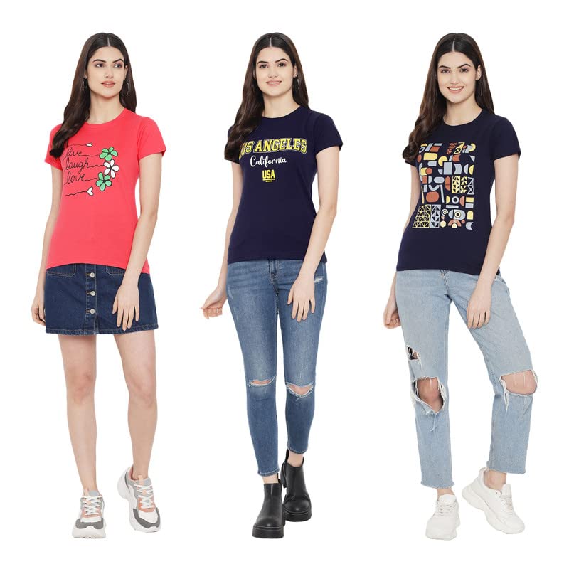 Preneum Womens Cotton Regular Fit Latest Graphic Stylish Printed Short Sleeves Casual T-Shirt || Trendy (Pack 3), Pink & Navy B