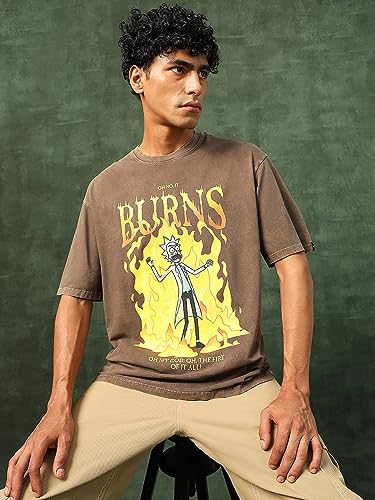 Bewakoof X Official Rick and Morty Merchandise Mens Burns Rick Graphic Printed 100% Cotton T-Shirt - Oversized Fit, Round Neck,