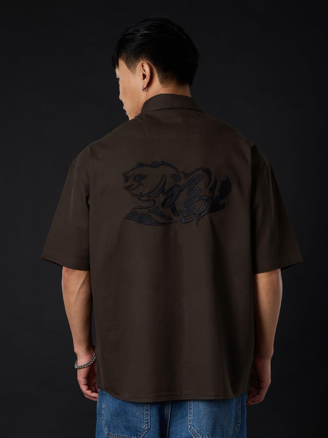 The Souled Store Kung Fu Panda: Po Men and Boys Half Sleeve Spread Collar Button Front Dark Brown Embroidered Cotton Oversized S