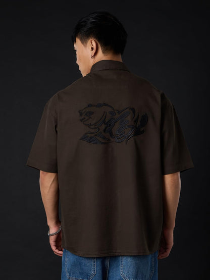 The Souled Store Kung Fu Panda: Po Men and Boys Half Sleeve Spread Collar Button Front Dark Brown Embroidered Cotton Oversized S