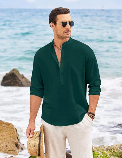 Macsivo MenS Casual Cotton Polyester Blend Long Sleeve Henley Short Kurta | Lightweight Summer Kurta Green
