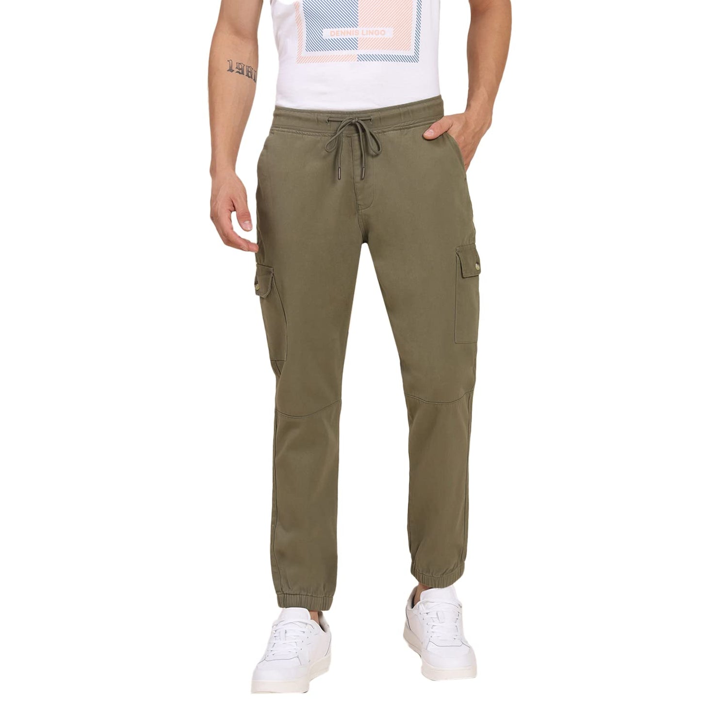 Dennis Lingo Mens Cotton Regular Fit Solid Stretchable Cargo Joggers, Casual Trouser Pants with Drawstring Waist (Light Olive,