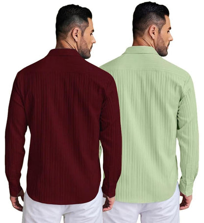 Deelmo Combo Of MenS Casual Button Down Shirts Long Sleeve Linen Shirt Fashion Textured Summer Shirts Pack Of 2