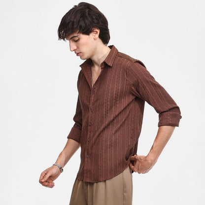 Campus Sutra Mens Chocolate Brown Geometric-Textured Knit Shirt for Casual Wear | Spread Collar | Long Sleeve | Button Closure