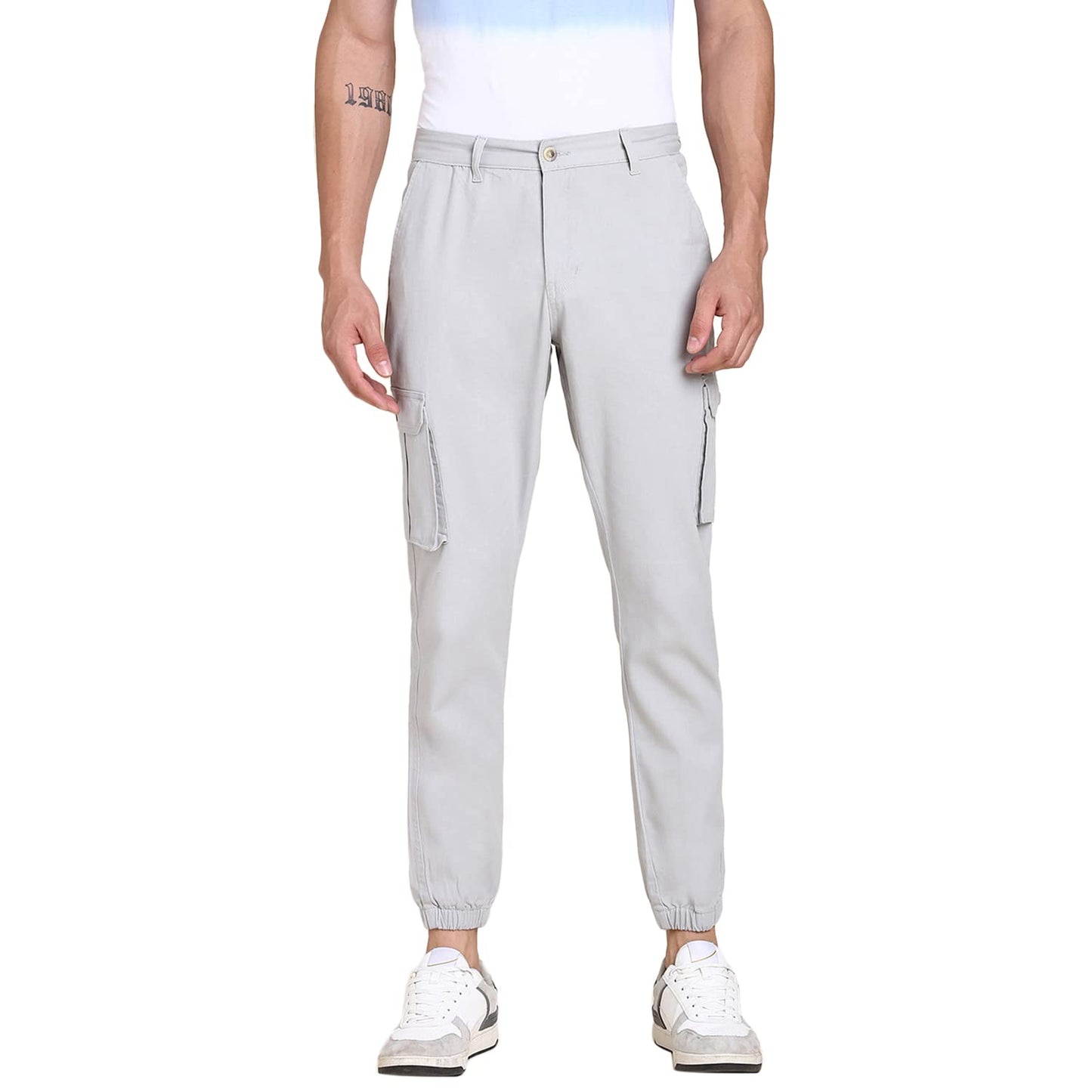 Dennis Lingo Slim Fit Solid Light Grey Cargo Jogger for Men