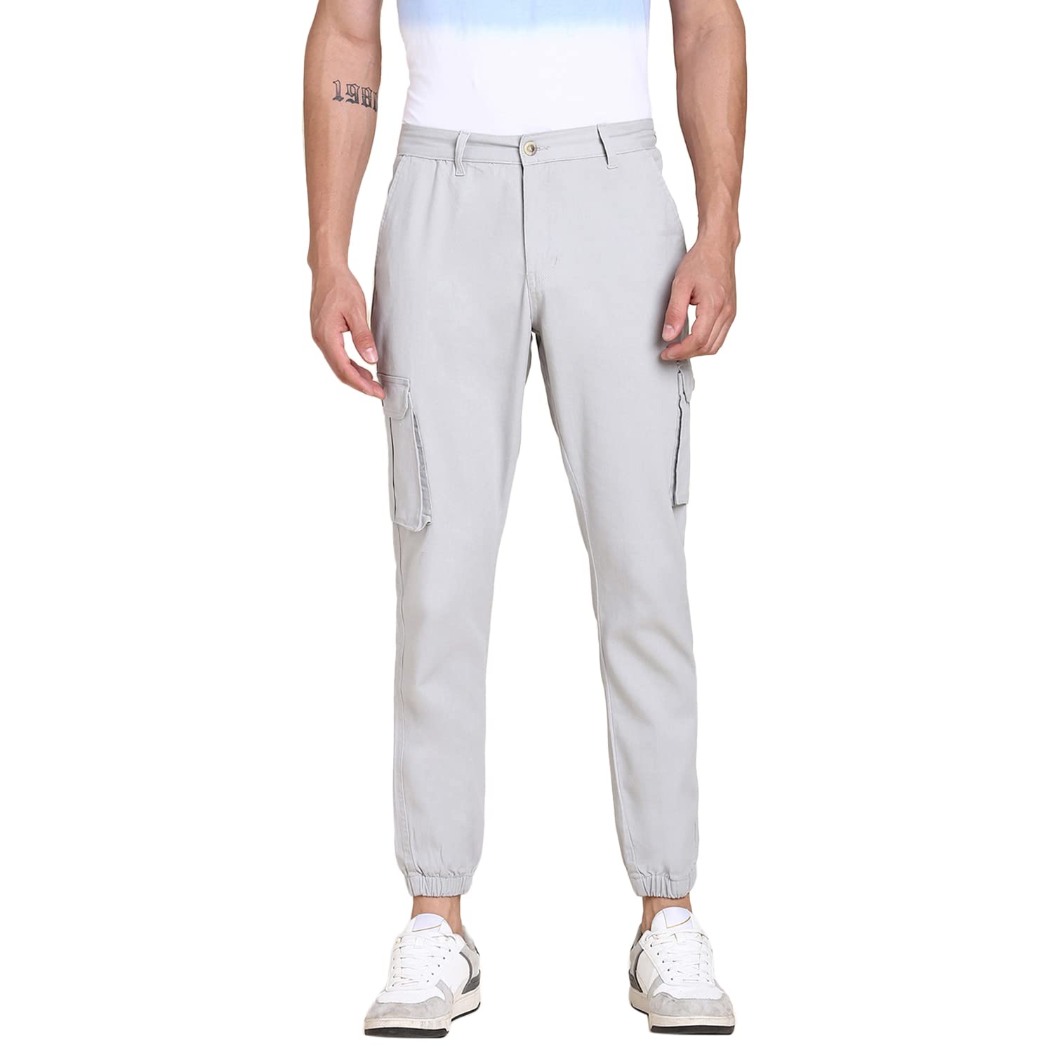 Dennis Lingo Slim Fit Solid Light Grey Cargo Jogger for Men