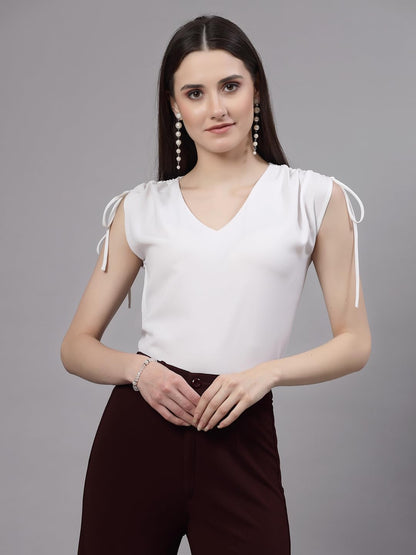 Style Quotient Women Solid White Polyester Regular Smart Casual Top