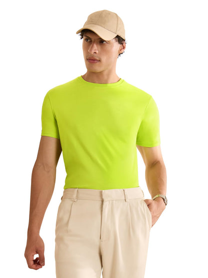 The Souled Store Lime Green Men and Boys Short Sleeves Round Neck Solid Regular Fit Cotton Supima T-Shirts