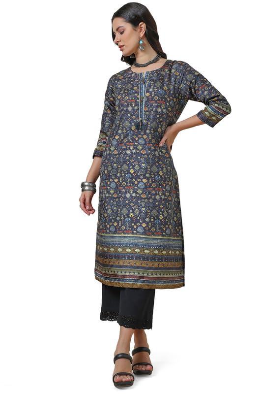 Soch Womens Charcoal Silk Blend Abstract Print Kurta with Tassels