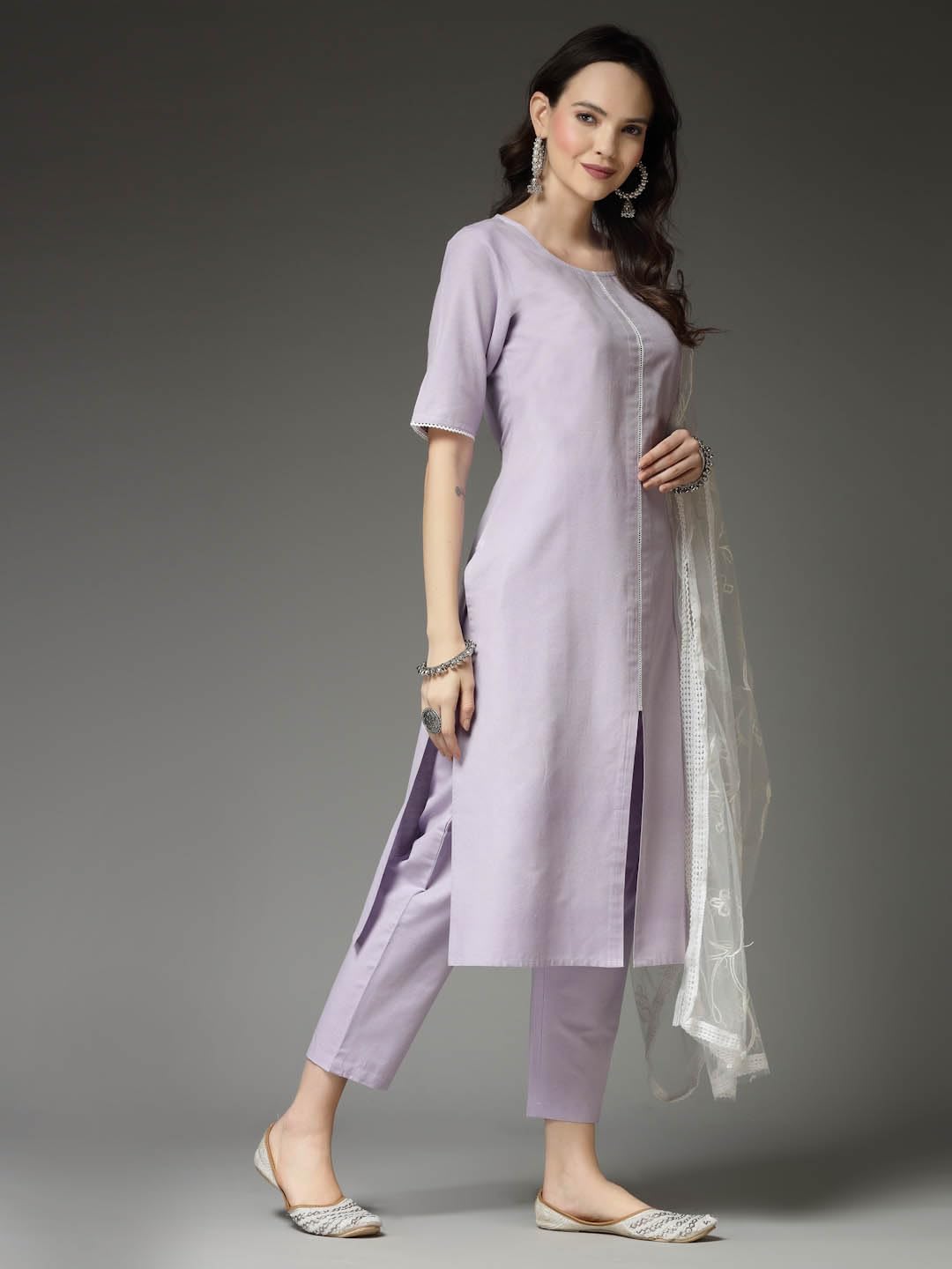 Stylum Women's Solid Cotton Blend Straight Kurta Pant Dupatta Set (KPDXLAVENDERNUV_Lavender)