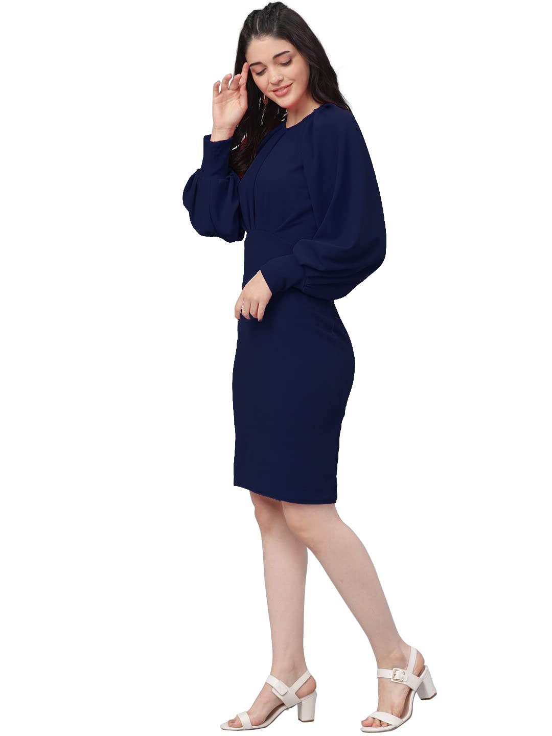 Shasmi WomenS Comfortable Navy Blue Round Neck Full Sleeve Solid Midi Bodycon Casual Western Stylish Dress For Womens/Midi Dres