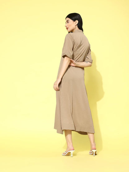 Varanga Women Beige Shirt Collar A-Line Dress  Comfortable Short Sleeves Calf Length Dress For Stylish Everyday Wear, Office & C