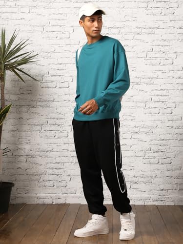 Nobero MenS Cotton Blend Crew Neck Sweatshirt (1M-Twss-R0005_Verdigris Blue