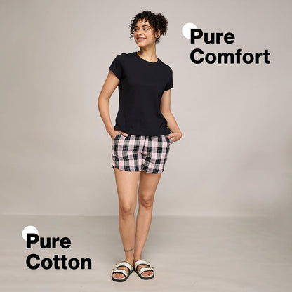NYKD (NYS914 Checked Pure Cotton Shorts for Women | Relaxed Fit with Non Slip Elasticated Waistband, Adjustable Drawcord & 2 Sid