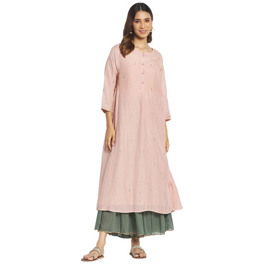 Fabindia Women Cotton Silk Embroidered Sharara Set Pink