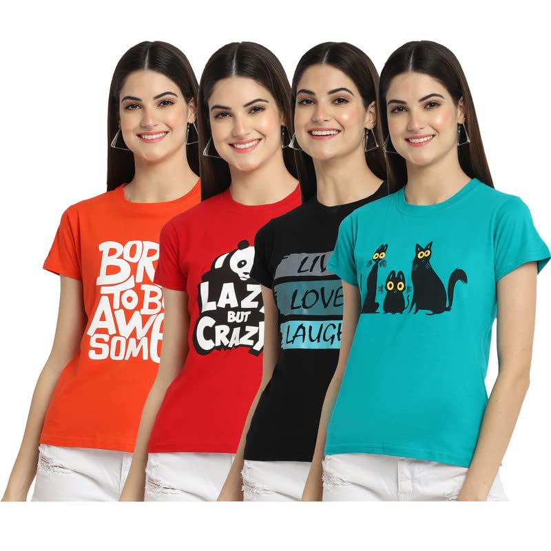 Preneum Womens Cotton Regular Fit Latest Graphic Stylish Printed Short Sleeves Casual T-Shirt || Trendy Design & Stylish (Pack