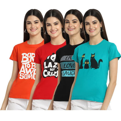 Preneum Womens Cotton Regular Fit Latest Graphic Stylish Printed Short Sleeves Casual T-Shirt || Trendy Design & Stylish (Pack