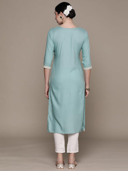 ishin Women's Viscose Rayon Embroidered Blue Straight Kurta Suit Set with Pants