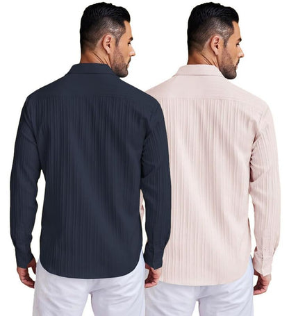 Deelmo Combo Of MenS Casual Button Down Shirts Long Sleeve Linen Shirt Fashion Textured Summer Shirts Pack Of 2 Navy Blue - Cre